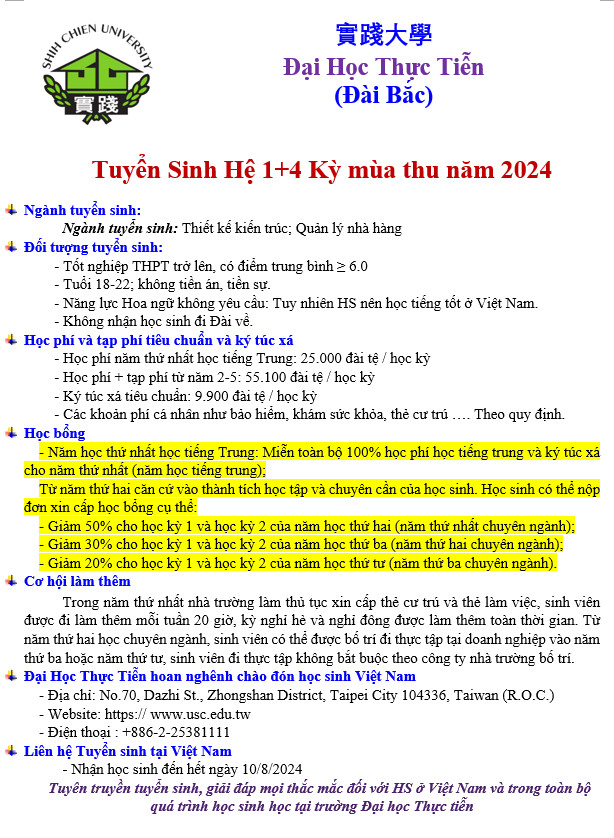 DU HỌC ĐÀI LOAN HỆ 1+4 KỲ MÙA THU NĂM 2024